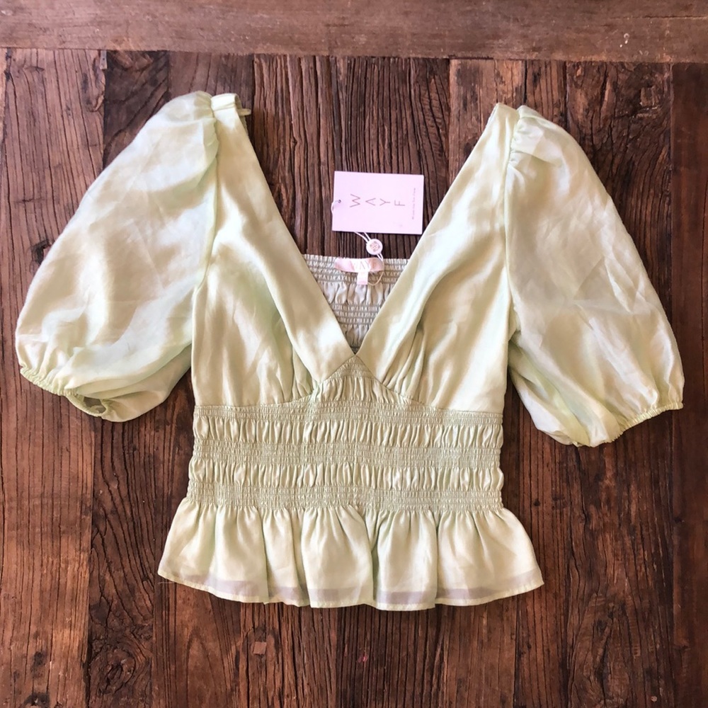 WAYF green smocked crop v neck top with puff sleeve